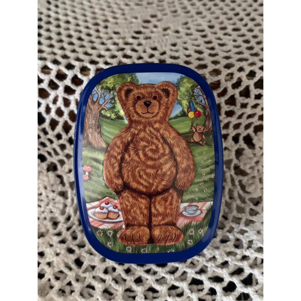 Silver Crane Sweet Cream Oval Character Tin Embossed Teddy Bear Picnic Blue